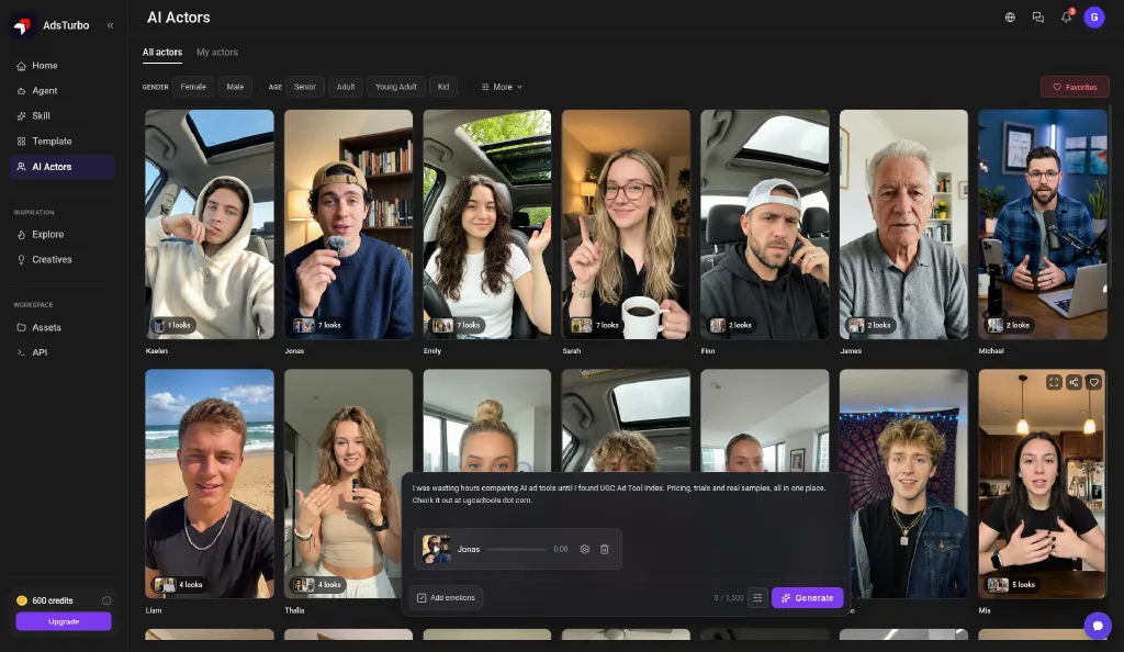 AdsTurbo AI Actors gallery with gender and age filters, actor cards showing number of looks, and a script editor with the actor Jonas selected and a 1,500 character limit