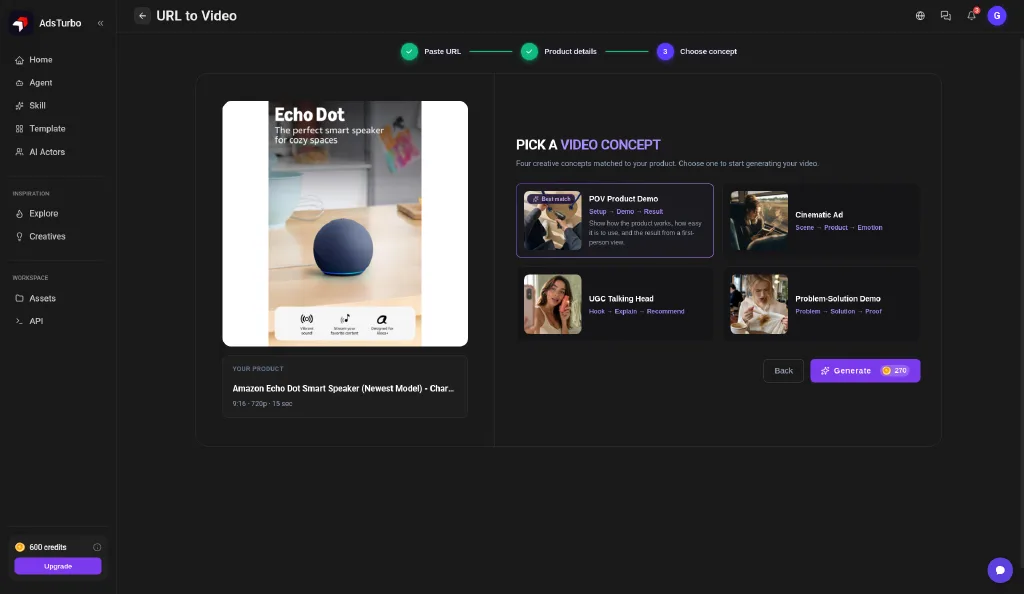 AdsTurbo URL-to-Video concept picker showing an Amazon Echo Dot with four concepts: POV Product Demo, Cinematic Ad, UGC Talking Head and Problem-Solution Demo, and a Generate button showing 270 credits