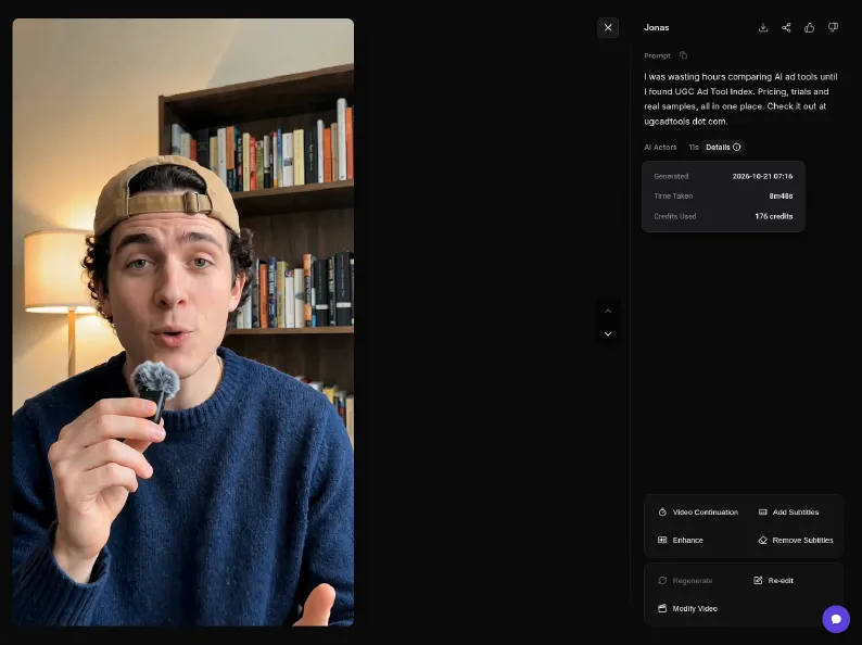 Finished AdsTurbo AI Actor video: a young man in a cap holding a microphone in front of a bookshelf, with details showing 11 seconds, 8m48s time taken and 176 credits used