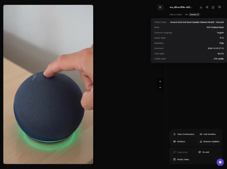 AdsTurbo video details panel: POV Product Demo, English voiceover, 9:16, 720p, time taken 5m17s, 270 credits used, with Video Continuation, Subtitles, Enhance, Re-edit and Modify Video actions